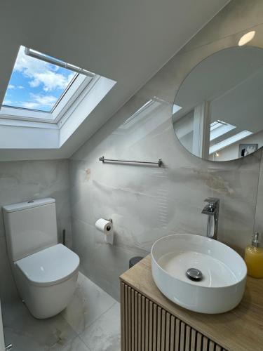a bathroom with a sink and a toilet and a skylight at Coastal Skylight Studio in Bettystown