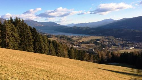 a hillside with a view of a town and a valley at Gasthof Pension Perauer in Lieserhofen