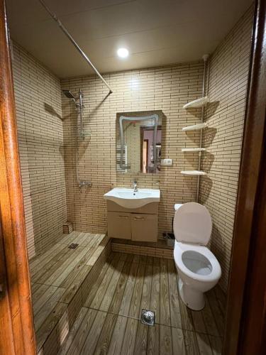 a bathroom with a toilet and a sink at Qobuleti, Rustaveli street 162 e in Itʼkhvisi