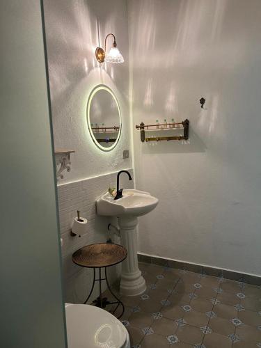 a bathroom with a sink and a toilet and a mirror at Hotel Boutique El Rosario in Teapa