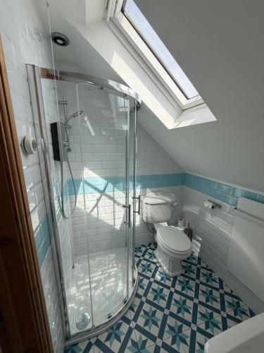a bathroom with a shower and a toilet at The Old School Loft in Blidworth