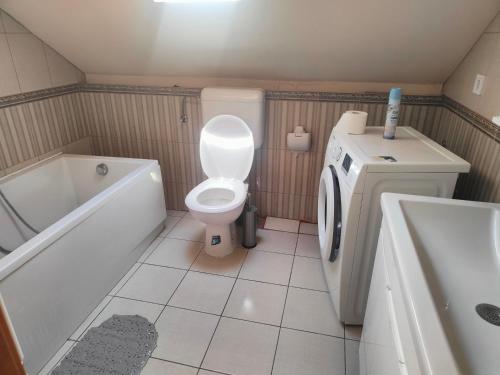 a small bathroom with a toilet and a sink at Bella Vendégház in Székesfehérvár