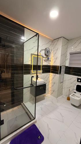 a bathroom with a shower and a sink and a toilet at The bliss spot in Lekki