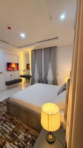 a bedroom with a large bed and a lamp at The bliss spot in Lekki