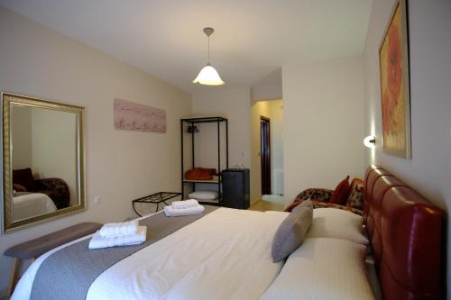 a bedroom with a large bed and a mirror at Anesis in Ioannina