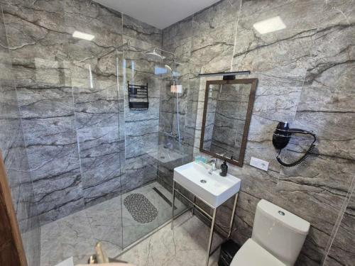 a bathroom with a shower and a toilet and a sink at Княжий двір in Yaremche