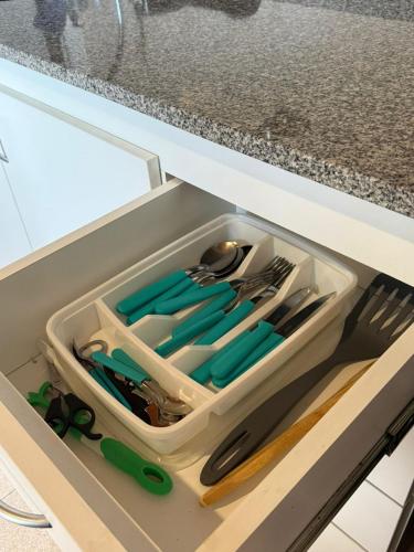 a drawer filled with utensils in a kitchen at Alvear Departamento B in Venado Tuerto