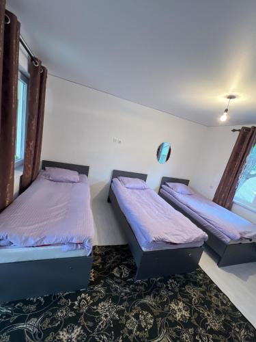 two beds in a room with two windows at Байэл хаус in Bosteri