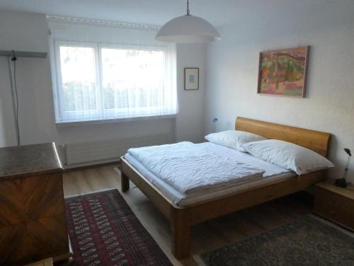ein Schlafzimmer mit einem Bett und einem Fenster in der Unterkunft Viamalablick in Thusis