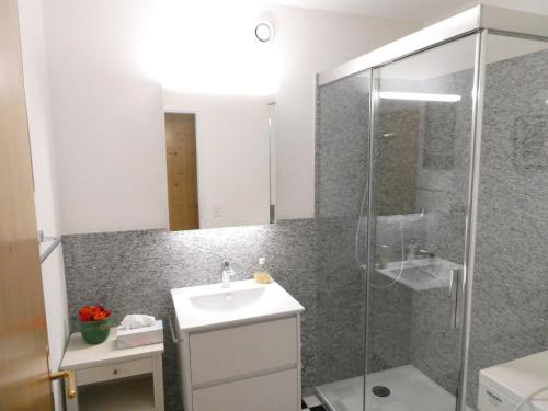 ein Badezimmer mit Waschbecken und Dusche in der Unterkunft Viamalablick in Thusis