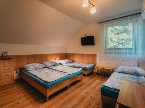 a bedroom with two beds and a window at Pokoje Gościnne Wróblówka in Laskowa