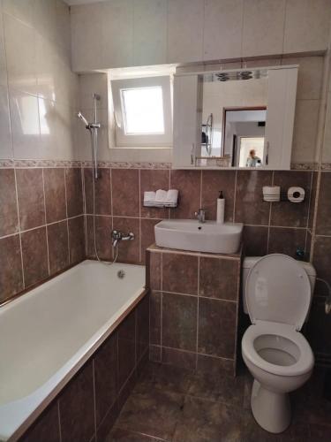 a bathroom with a toilet and a tub and a sink at Apartament OAȘUL 2 in Hurez