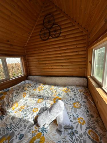 a bed in the corner of a cabin with a blanket at Tiny House Remanso del Espíritu in Isla de Maipo