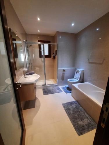 a bathroom with a tub and a sink and a toilet at Spacious Poolside Apartment with Patio 11A2S in Għajnsielem