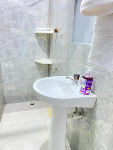 a bathroom with a white sink and a shower at Legacy apartments in Ikeja