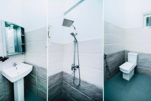 two pictures of a bathroom with a shower and a sink at Lodge 52 Negombo in Negombo