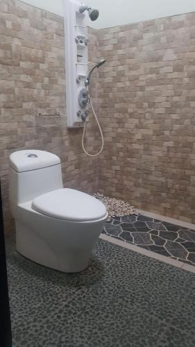 a bathroom with a toilet and a shower at Hansel Homestay in Batu
