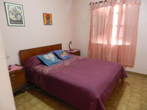 a bedroom with a purple bed and a window at Lo de Lili in Puerto Madryn