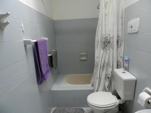 a bathroom with a toilet and a shower curtain at Lo de Lili in Puerto Madryn