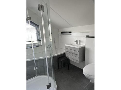 a bathroom with a shower and a toilet and a sink at Bungalow in Breskens near Beach & Lighthouse in Breskens