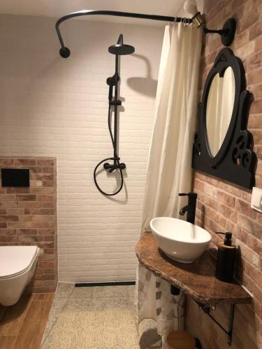 a bathroom with a sink and a mirror at ALVORADA Mościce Dolne nad Bugiem in Nowosiółki