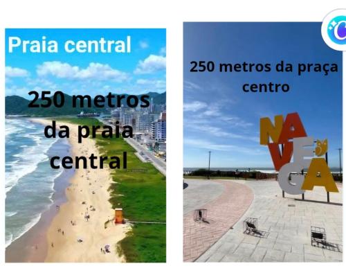 a picture of a beach and a picture of a city at Suítes Aconchego Sol e Mar in Navegantes