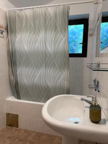 a bathroom with a sink and a shower curtain at Danilo Room in Pula