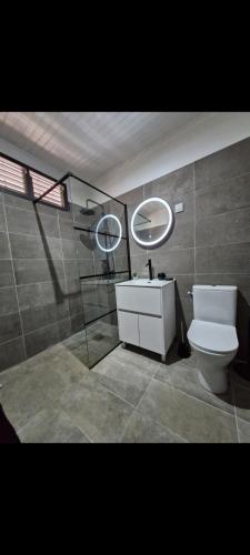 a bathroom with a toilet and a sink and mirrors at Le Cuprum in Le Robert
