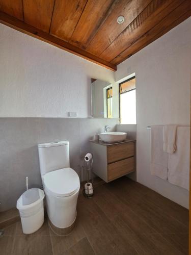 a bathroom with a white toilet and a sink at Yellow House Hostel B&B in Antigua Guatemala