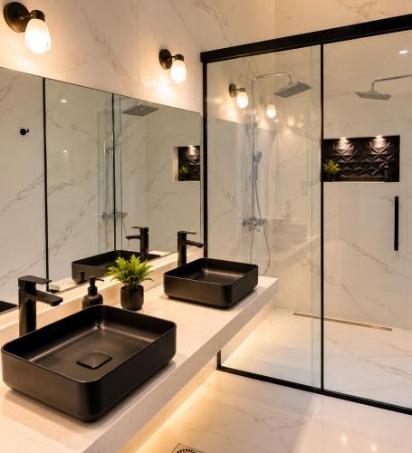 a bathroom with two sinks and a glass shower at Reserva Itay in Luque
