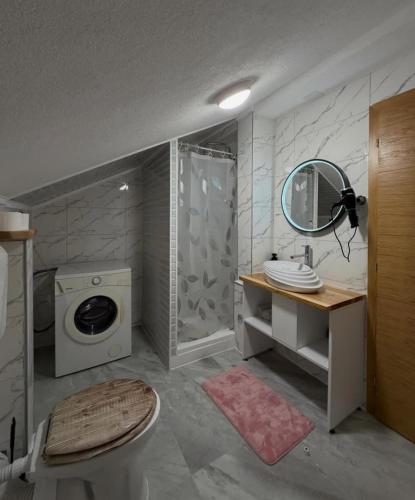 a bathroom with a shower and a sink and a washing machine at Filip in Sarajevo