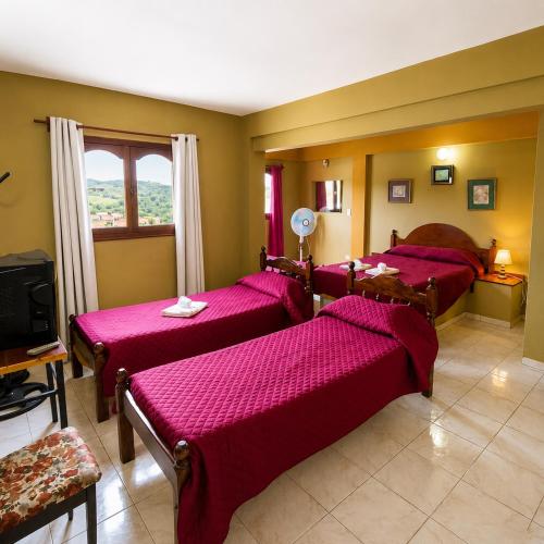 a bedroom with three beds and a tv in it at El Crestón Hotel in Coronel Moldes
