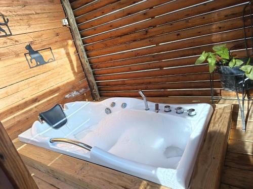 a bath tub in a room with a wooden wall at Alpinas del bosque II in Maldonado