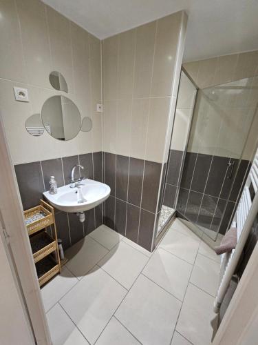 a bathroom with a sink and an apple mirror at Ma p'tite maison in Fumay