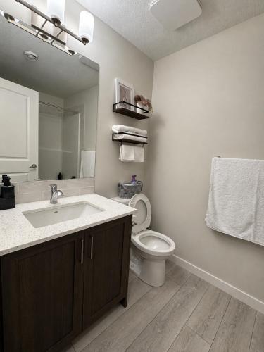 a bathroom with a sink and a toilet and a mirror at Cozy Private 1BR Basement Suite in Calgary