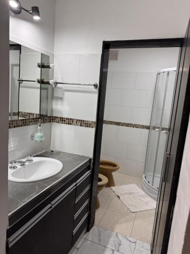a bathroom with a sink and a shower and a toilet at Aurea san antonio in San Antonio de Arredondo