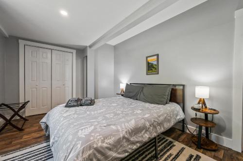 a bedroom with a bed and a table with a lamp at Willard Modern Cozy Apt 1st Floor in Whitefield