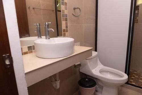 a bathroom with a sink and a toilet at Villas Aakal Petirojo in Chicxulub