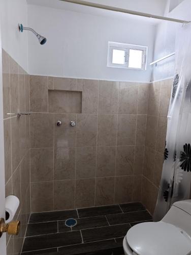a bathroom with a shower and a toilet at DEPARTAMENTOS AMUEBLADOS CELIA in Morelia