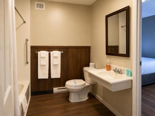 a bathroom with a toilet and a sink and a mirror at Hotel Blanc-Sablon in Blanc-Sablon