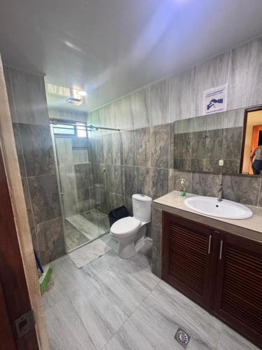 a bathroom with a toilet and a shower and a sink at Cabañas Sol y Mar in San Antero