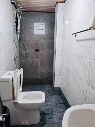 a bathroom with a toilet and a shower and a sink at Moon Mist Villa- Hatton in Hatton