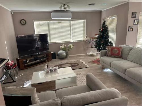 a living room with a couch and a tv and a christmas tree at Peaceful BnB in Rotorua