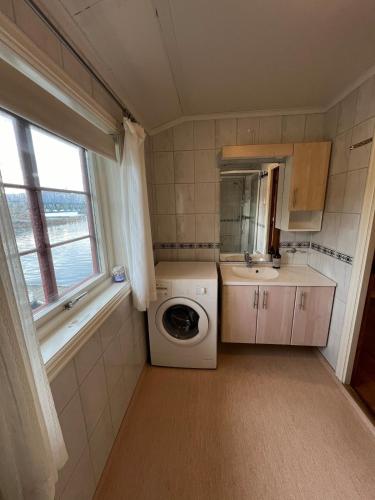 a laundry room with a washing machine and a sink at Skjevlingsnes sjøhus in Tingvoll