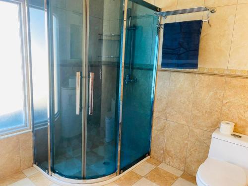 a glass shower in a bathroom with a toilet at Bountiful Estates Fantasy in Nadi