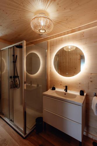 a bathroom with a sink and a shower at Le Clos des Pies in Le Pin
