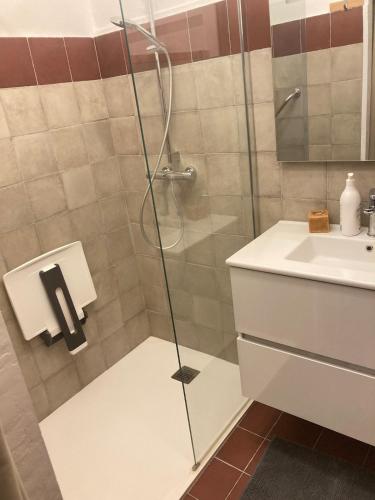 a shower with a glass door next to a sink at Quiet, fresh, and nice in Letia