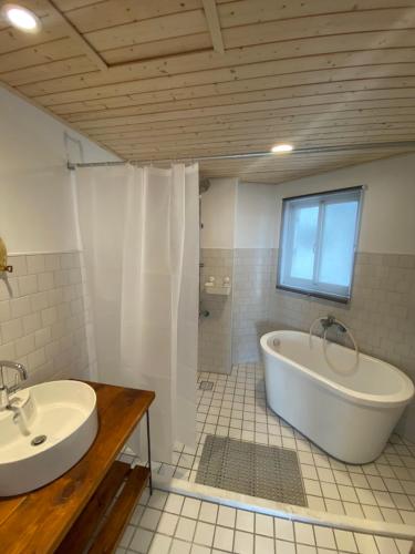 a bathroom with a tub and a sink and a shower at Kenting Cozy B&B in Kenting