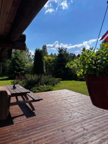 a wooden deck with a picnic table and a potted plant at Melderi in Rēzekne