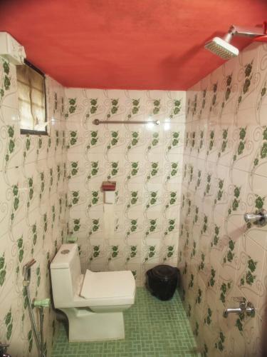 a bathroom with a white toilet and a red ceiling at PONMUDI DALE. HOMESTAY in Kallar-Bridge